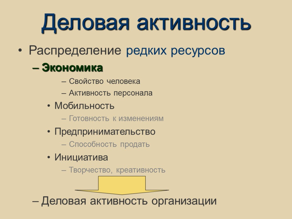 Деловая активность Распределение редких ресурсов Экономика Свойство человека Активность персонала Мобильность Готовность к изменениям